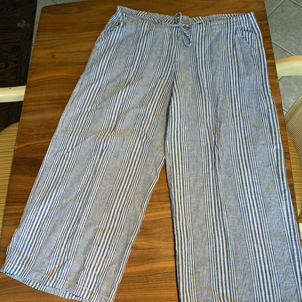 Just Living Pant, wide leg, med rise, cotton/linen, EUC, Sz L, navy wht stripe